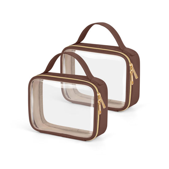 Picture of Wedama TSA Approved Toiletry Bag, 2 Pack Clear Makeup Bags with Handles, Quart Size PVC Clear Cosmetic Bags for Women and Men, Carry on Airport Airline Compliant Bag, Brown