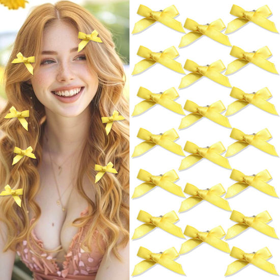 Picture of SAWINDA 20Pcs Yellow Mini Hair Bows Cute Bow Hair Clips Small Bows for Hair Sweet Claw Clips for Thick Thin Hair Satin Bowknot Hair Barrettes Hair Ribbon Hair Clips Accessories for Women Teens Girls