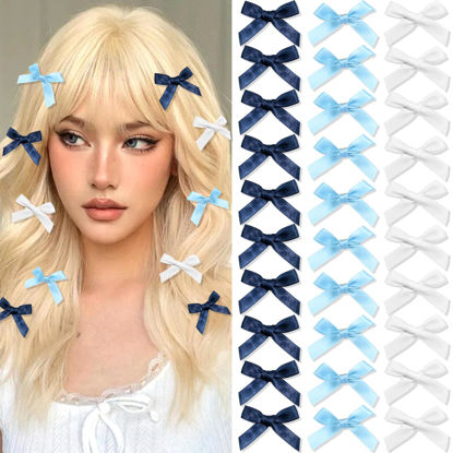 Picture of SAWINDA 30PCS Navy Blue Mini Hair Bows Small Blue Bows for Hair Silky Satin Bows for Women Cute Hair Ribbon Bowknot Barrettes Sweet Alligator Hair Bow Clips Accessories for Teens and Girls