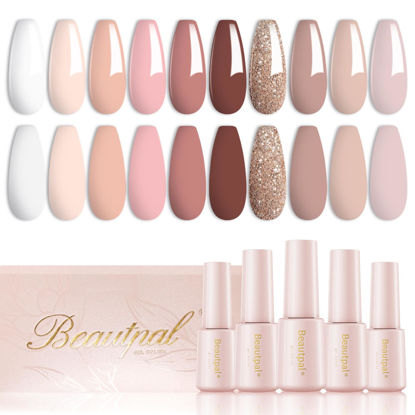Picture of Beautpal Nude Gel Nail Polish Set, 10 Colors Neutral Pink Blush Nude Glitter Gel Polish All Seasons Skin Tones Soak Off Manicure Home DIY Nail Art Design Starter Kit Salon Quality Gift for Women Girls