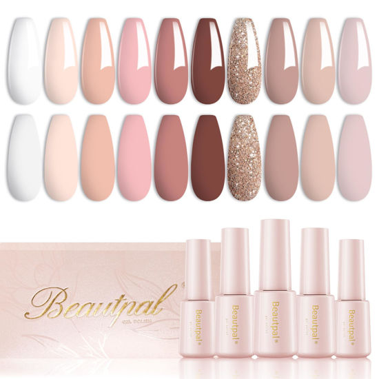 Picture of Beautpal Nude Gel Nail Polish Set, 10 Colors Neutral Pink Blush Nude Glitter Gel Polish All Seasons Skin Tones Soak Off Manicure Home DIY Nail Art Design Starter Kit Salon Quality Gift for Women Girls