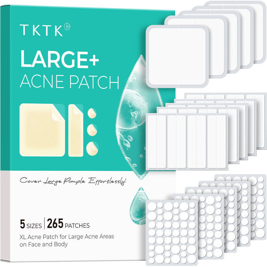 Picture of TKTK Large Pimple Patches, 60 mm XL Acne Patches, Big Hydrocolloid Bandages for Body, Face, Forhead, Chin, Neck Zit Breakouts, Hydrocolloid Patch (Square, Strip, Dot 5 Sizes 265 Count)