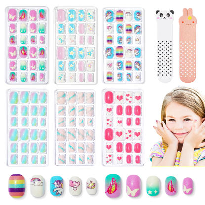 Picture of Modelones Press on Nails for Kids 144Pcs 6 Pack Children Acrylic Christmas Fake Nails Pre-glue Full Cover Glitter Gradient Color Starts Unicorn Butterfly Short False Nail Art Kits Sets Gifts
