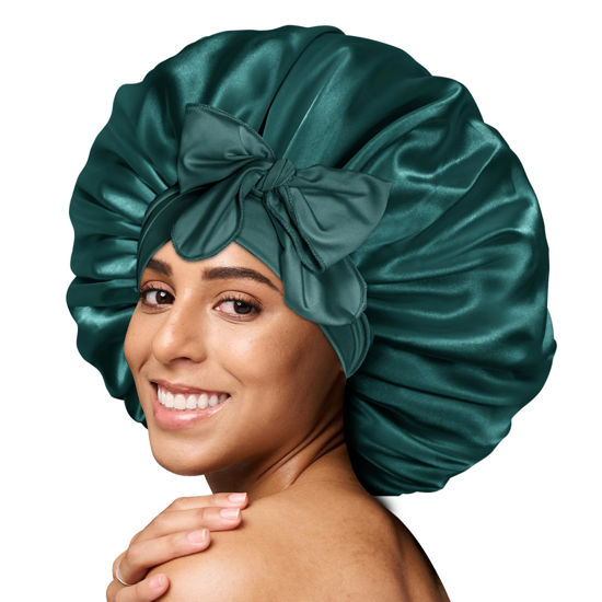 Picture of BONNET QUEEN Large Satin Bonnet Silk Bonnet for Sleeping Women Hair Bonnet Big Bonnet Night Sleep Cap Scarf Wrap for Curly Hair with Tie Band Green
