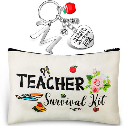 Picture of Hinly Teacher Appreciation Gifts Set Teacher Keychain with Initial, Thank You Teacher Kit Makeup Pouch Bag for Teachers (M Style)