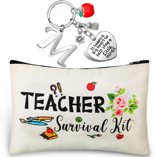 Picture of Hinly Teacher Appreciation Gifts Set Teacher Keychain with Initial, Thank You Teacher Kit Makeup Pouch Bag for Teachers (M Style)