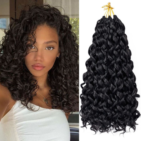 Picture of 7 Packs GoGo Curl Crochet Hair 14 Inch Short Curly Crochet Hair for Women Beach Curl Water Wave Deep Twist Crochet Braids Synthetic Braiding Hair Extensions (14 Inch, 1B)