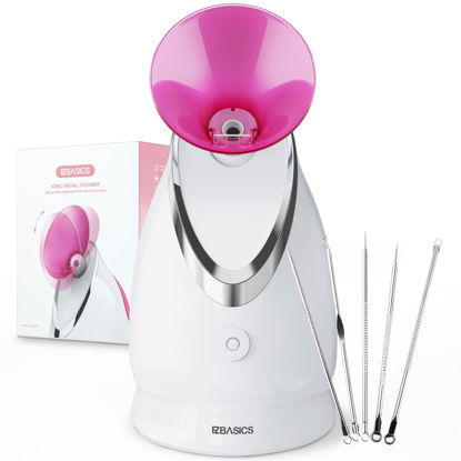 Picture of EZBASICS Facial Steamer Ionic Face Steamer for Home Facial, Warm Mist Humidifier Atomizer for Face Sauna Spa Sinuses Moisturizing, Unclogs Pores, 1 Pack + 5 Stainless Steel Skin Kit Pink