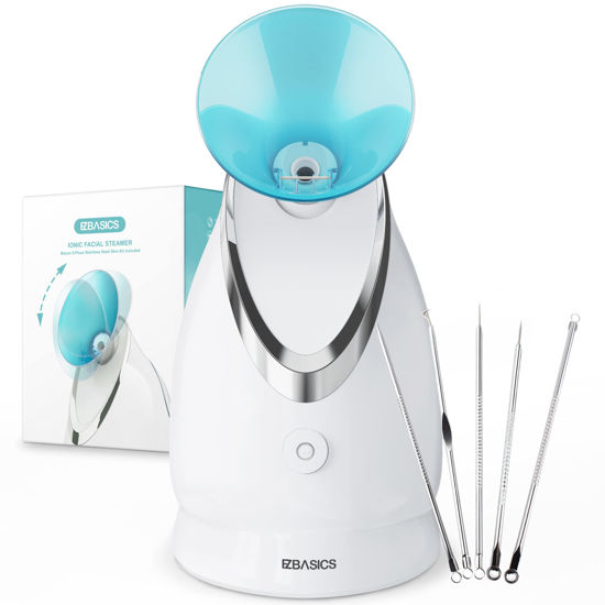 Picture of EZBASICS Facial Steamer Ionic Face Steamer for Home Facial, Warm Mist Humidifier Atomizer for Face Sauna Spa Sinuses Moisturizing, Unclogs Pores, 1 Pack + 5 Stainless Steel Skin Kit Blue