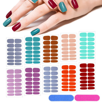 Picture of 140 Pcs 10 Sheets Solid Color Full Wrap Nail Stickers Nail Polish Strips Gradient Stickers Glitter Self Adhesive DIY Art Decals Strips with 2 Pcs Nail Files for Holiday Nail Decor (Pure Color Style)