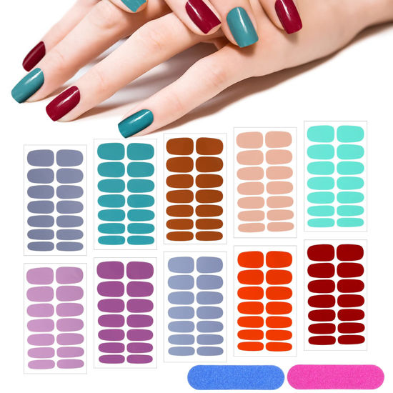 Picture of 140 Pcs 10 Sheets Solid Color Full Wrap Nail Stickers Nail Polish Strips Gradient Stickers Glitter Self Adhesive DIY Art Decals Strips with 2 Pcs Nail Files for Holiday Nail Decor (Pure Color Style)