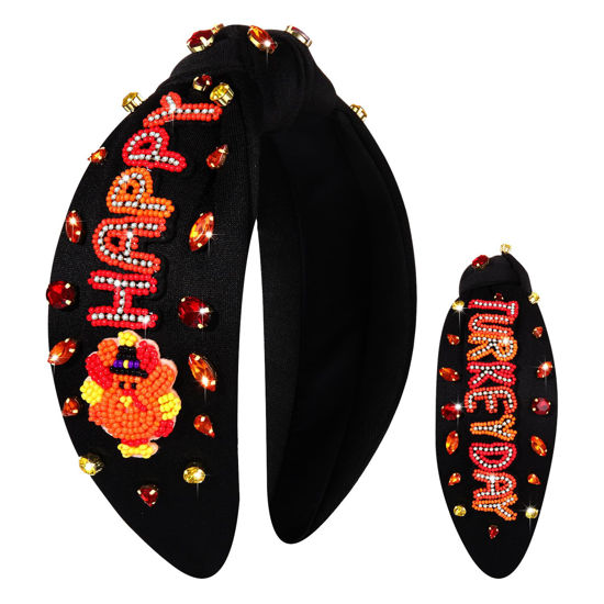 Picture of Thanksgiving Headband for Women Beaded Turkey Fall Headband Accessories Jeweled Pearl Rhinestone Knotted Headband Autumn Fall Thanksgiving Hair Accessory Outfits Holiday Gifts (HAPPY TURKEYDAY 2)