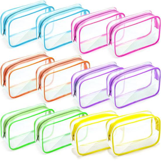 Picture of Weewooday 12 Pieces Clear Cosmetics Bag PVC Zippered Clear Toiletry Carry Pouch Cosmetic Makeup Bag Waterproof Makeup Vinyl Plastic Organizer Case for Vacation Bathroom(Bright Color,Medium)