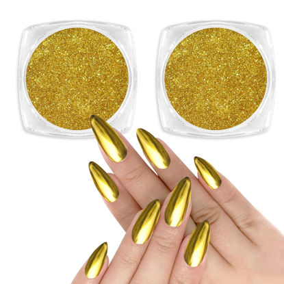 Picture of Allstarry Chrome Nail Powder 2pcs Metallic Mirror Effect Dust Glitter Glazed Manicure Decoration Reflective Pigment for Gel Polish Nail Art Decoration Resin Craft, Festivals - Gold
