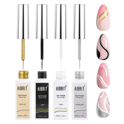 Picture of Gel Liner Art Polish Set 10ml, 4 Colors Black White Gold Silver Design Paint with Thin Brush in Bottle for Swirl/ Euphoria French Tips Manicure Painting DIY at Home