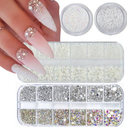 Picture of 4 Boxes Flatback Rhinestones and Pearls Nail Charms for Acrylics - Crystals, Half Rounds, and Accessories for DIY Nail Art Decor