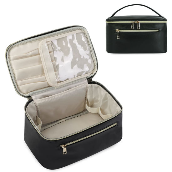 Picture of Wandering Nature Makeup Bag, Travel Make Up Organizer Cosmetic Brush Bags Case for Women in Vegan Leather, Black, Patent Pending