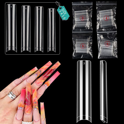 Picture of 200PCS 3 4 5 6 Size NO C Curve Clear Nail Tips for Acrylic Nails Professional, 3XL Long Flat Tapered Square Nail Tips, Half Cover Straight French Fake Nail Tips Nail Extension for Nail Salons Home DIY
