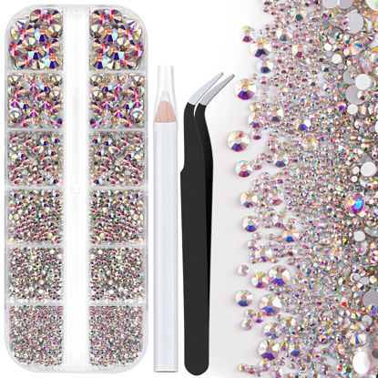 Picture of One Pack 2000 Pcs of Flatback Round AB Crystal Rhinestones 6 Sizes (1.5-6 mm) with Nail Art Rhinestone Picker Pencil And Tweezer For DIY And Salon Use