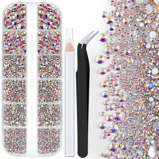Picture of One Pack 2000 Pcs of Flatback Round AB Crystal Rhinestones 6 Sizes (1.5-6 mm) with Nail Art Rhinestone Picker Pencil And Tweezer For DIY And Salon Use