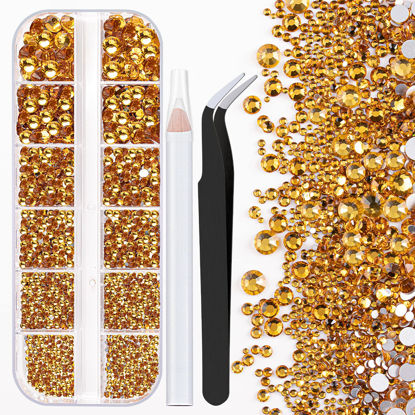 Picture of One Pack 2000 Pcs of Flatback Round Golden Yellow Rhinestones 6 Sizes (1.5-6 mm) with Nail Art Rhinestone Picker Pencil And Tweezer For DIY And Salon Use