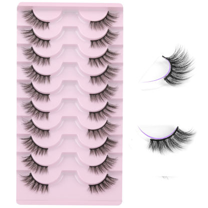 Picture of FANXITON Half Lashes Natural Look Wispy 10 Pairs Cat Eye Lashes 3D False Eyelashes Fluffy Soft 15 MM Short Faux Mink Lashes Sets Pack