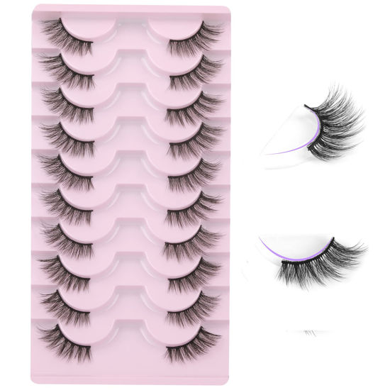 Picture of FANXITON Half Lashes Natural Look Wispy 10 Pairs Cat Eye Lashes 3D False Eyelashes Fluffy Soft 15 MM Short Faux Mink Lashes Sets Pack