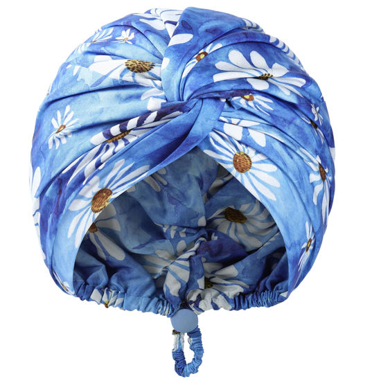 Picture of Adjustable Satin Silk Hair Bonnet: Sleeping Night Cap for Women Men Large Long Curly Braid Wrap with tie Elastic Drawstring Band Stay on Head Unisex - Daisy