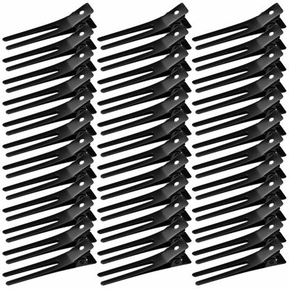 Picture of Wobe Hairdressing Double Prong Curl Clips, 50pcs 1.8" Metal Alligator Hairpins for Hair Bow Pin Curl, Styling Clips for Hair Salon Barber (Black)