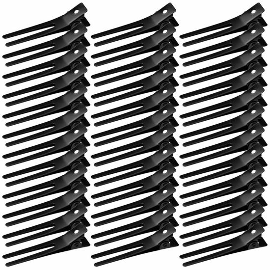 Picture of Wobe Hairdressing Double Prong Curl Clips, 50pcs 1.8" Metal Alligator Hairpins for Hair Bow Pin Curl, Styling Clips for Hair Salon Barber (Black)