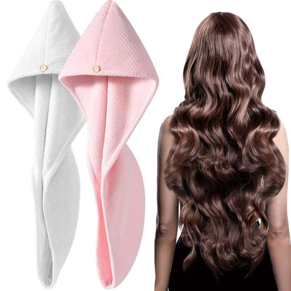 Picture of YFONG 2 Pack Large Microfiber Hair Towel Wrap for Women, Thicken Super Absorbent Quick Dry Hair Turban for Drying Curly Long Thick Hair Anti Frizz, Hair Drying Towel with Button for Wet Hair