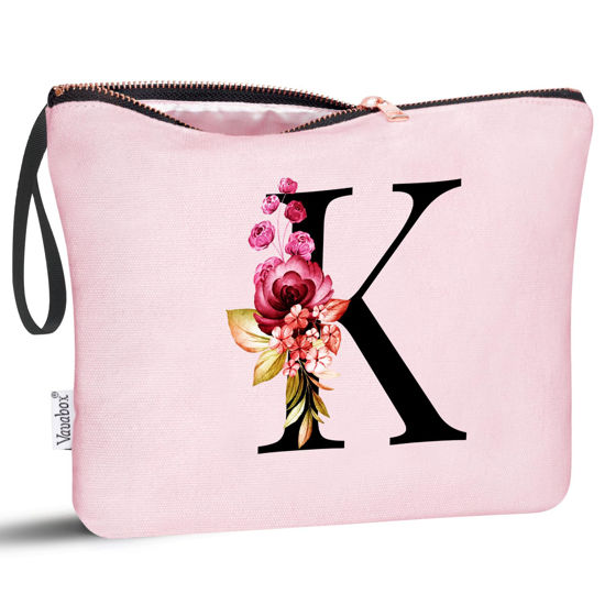 Picture of Vavabox A-Z Personalized Makeup Bag,Birthday Gifts for Women Mom,Gifts for Best Friend,Bride Bridesmaid Cosmetic bag (K, Pink)