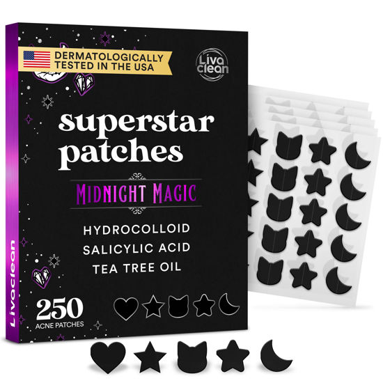 Picture of LivaClean 250CT Black Star Pimple Patches Midnight Magic w/Salicylic Acid & Tea Tree Oil - Pimple Patches for Face, Hydrocolloid Acne Patch, Cute Face Stickers, Zit Patch