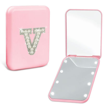 Picture of Aganmi Personalized Pocket Mirror with Lights Travel Accessories Cute Pink 2-Sided LED Makeup Mirror with Magnification, Preppy Pearl Initial Small Portable Folding Compact Mirror for Purse (V)
