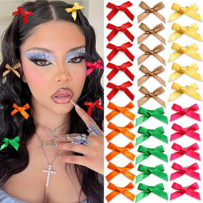 Picture of SAWINDA 30PCS Hot Pink Mini Hair Bows 6 Color Small Bows for Hair Red Green Silky Satin Hair Bow Clips Cute Hair Ribbons for Women Bowknot Barrettes Alligator Hair Clips Accessories for Teens Girls