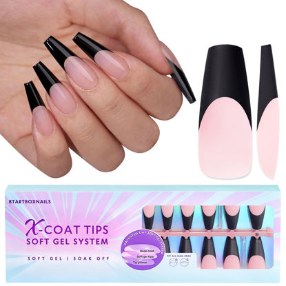 Picture of BTArtboxnails XCOATTIPS French Gel Nails - French Tip Press on Nails, Black Press on Nails, Soft Gel Coffin Nails Tips, Press on Nails Long, Soak Off Acrylic Fake Nails Valentines Day Gift Nail Art