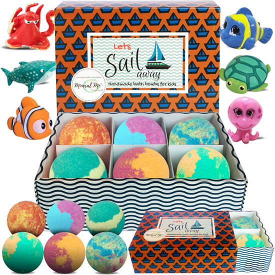 Picture of Kids Bath Bombs with Toys Inside - Organic, Gentle and Kid Safe, Gender Neutral, Bubble Bath Fizzies with Surprise Inside. Spa Bath Fizz Balls. Birthday, Christmas Gift for Kids, Boys, Girls, Toddlers