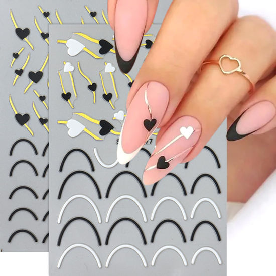 Picture of Heart Nail Art Stickers - Valentine's Day Nail Stickers White Black Heart Nail Decals 3D Valentine's Nail Supplies Love Gold-Stamped Lines French Adhesive Decal for Women Girl Nail Decoration 2Sheets
