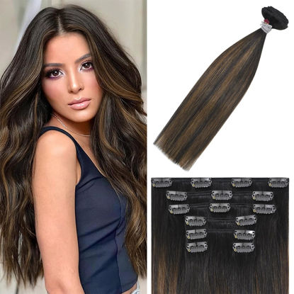 Picture of WindTouch Clip in Hair Extensions Human Hair Balayage Dark Brown to Chestnut Brown Highlights for Brown Hair 12Inch 70g #2T6P2 7PCS