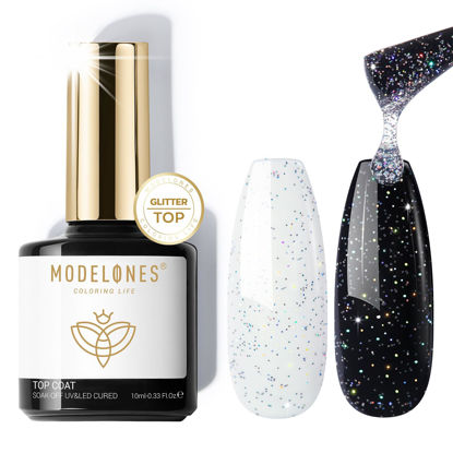 Picture of modelones Glitter Gel Top Coat, Iridescent Silver Mix Glitter Gel Polish No Wipe Top Coat Glossy Sparkly Finish Long Lasting Soak Off Rainbow Shimmer Glitter Gel Nail Polish Nail Art Gift, 10ml