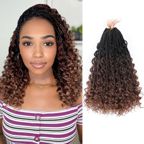 Picture of Yewell 9 Packs Goddess Box Braids Crochet Hair Boho Crochet Box Braids With Curly Ends Crochet Hair For Black Women, 12 Inch Pre Looped Bohemian Crochet Box Braids Hair (12Inch 9 Packs,1B/4/30)