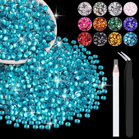 Picture of 5000PCS 3mm Resin Rhinestones in Bulk (Indicolite), Bedazzling Flatback Crystals for Crafts DIY Nail Decoration, Gems Charms for Tumbler Shoes Clothing Fabric with Pickup Pen and Tweezers