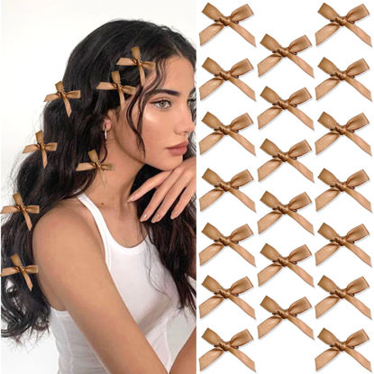 Picture of SAWINDA 20PCS Brown Mini Hair Bows Small Bowknot Ribbon Barrettes Cute Bow Clips for Girls Teens Metal Alligator Clips Kawaii Hair Clips Accessories for Thick Thin Hair