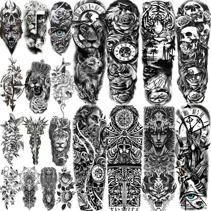 Picture of COKTAK 21 Sheets Extra Large Black Temporary Tattoos For Women Adults Greek Myth With 8 Sheets Full Arm Sleeve For Men Maori Warrior Compass and 13 Sheets Fake Large 3D Tatoo Stickers
