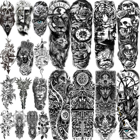 Picture of COKTAK 21 Sheets Extra Large Black Temporary Tattoos For Women Adults Greek Myth With 8 Sheets Full Arm Sleeve For Men Maori Warrior Compass and 13 Sheets Fake Large 3D Tatoo Stickers