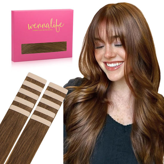 Picture of WENNALIFE Tape in Hair Extensions Human Hair Light Auburn Brown Tape in Extensions, 10pcs 30g 22 inch Remy Invisible Tape Ins Straight Colored Soft Real Human Hair Tape in Extensions Refill Set
