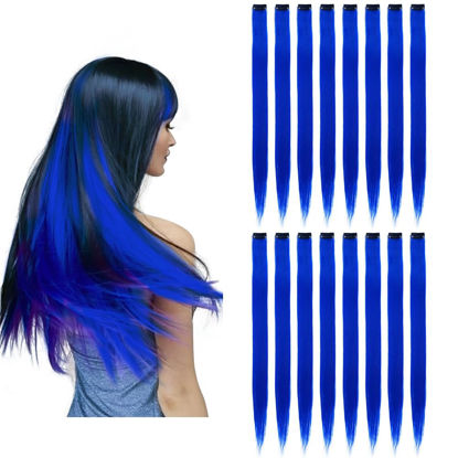 Picture of KGBFASS 16Pcs Blue Clip in Colored Hair Extensions 22inch Long Straight Party Highlights Colorful Hair Extension One Color Clip on Hairpieces for Women Girls