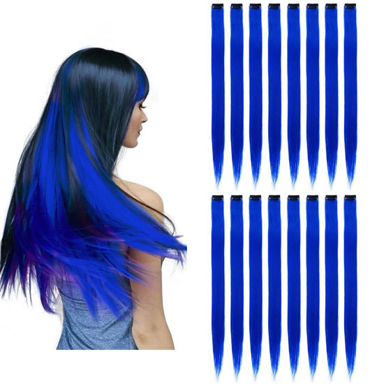 Picture of KGBFASS 16Pcs Blue Clip in Colored Hair Extensions 22inch Long Straight Party Highlights Colorful Hair Extension One Color Clip on Hairpieces for Women Girls