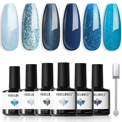 Picture of modelones Gel Nail Polish Set 6 Colors Blue Glitter Galaxy Dark Blue 9D Cat Eye Gel Nail Polish with Magnet Light Blue White Shimmer Pearl Soak Off Led Nail Art DIY Salon Gift For Women