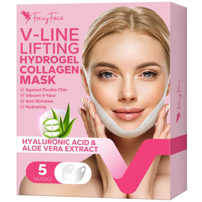 Picture of FairyFace V Line Shaping Face Masks (5 Count), Double Chin Reducer, Lifting Hydrogel Collagen Mask with Aloe Vera and Seaweed, Anti-Aging and Anti-Wrinkle